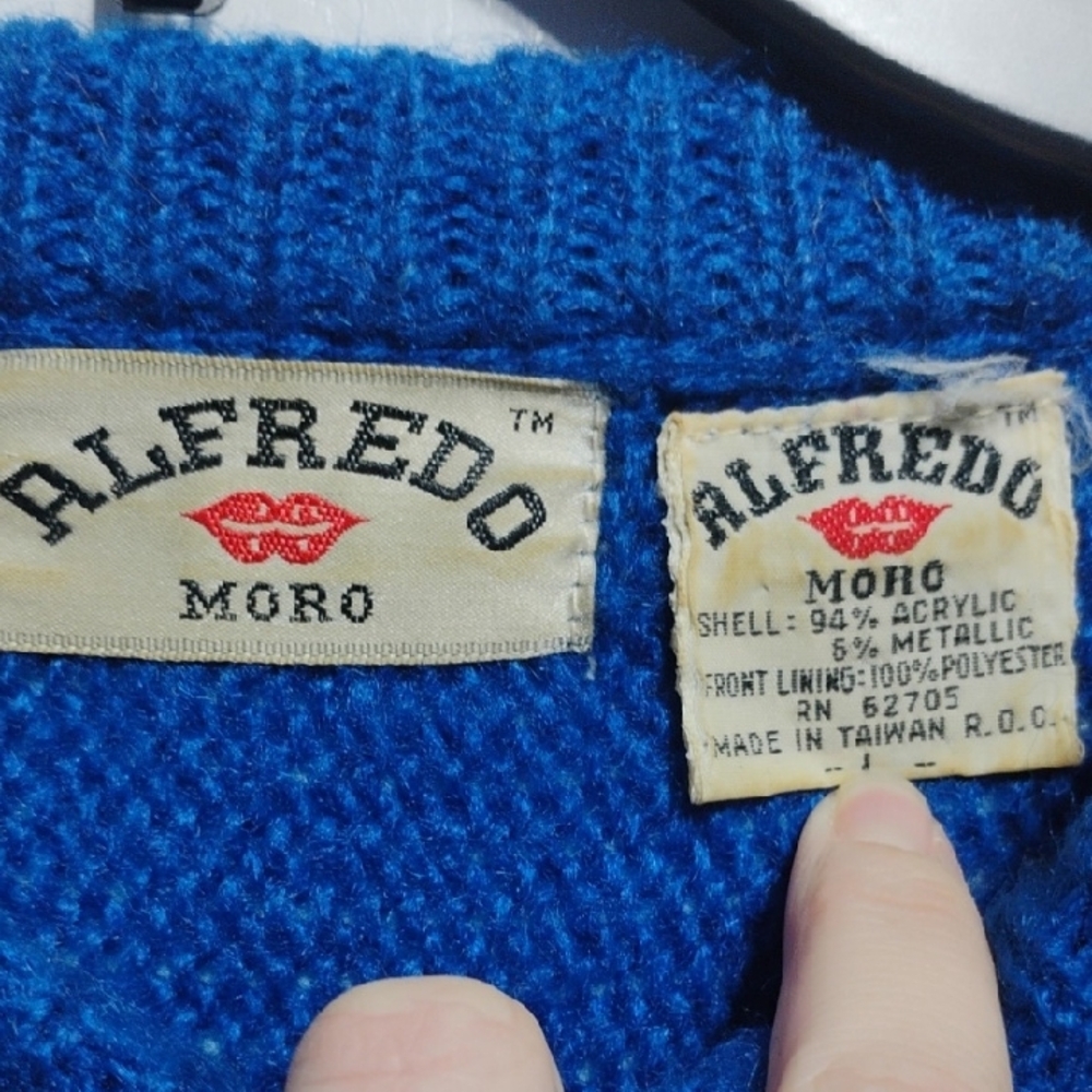 (A-71)SALE!RARE! Alfredo Moro Blue Sweater W Colorful Geometric Glittery Design - Picture 3 of 10